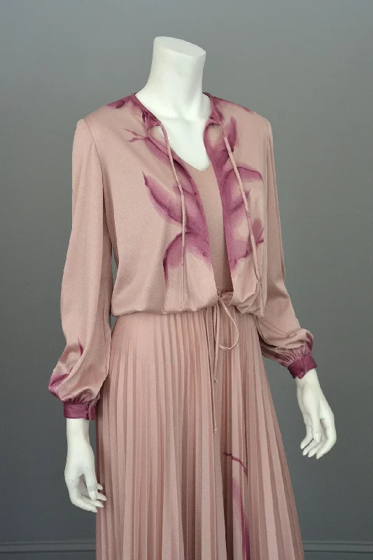 1970s Hand Dyed Pleated Vintage Disco Maxi Dress and Matching Shrug Cozy Spaghetti Strap Maxi Dress