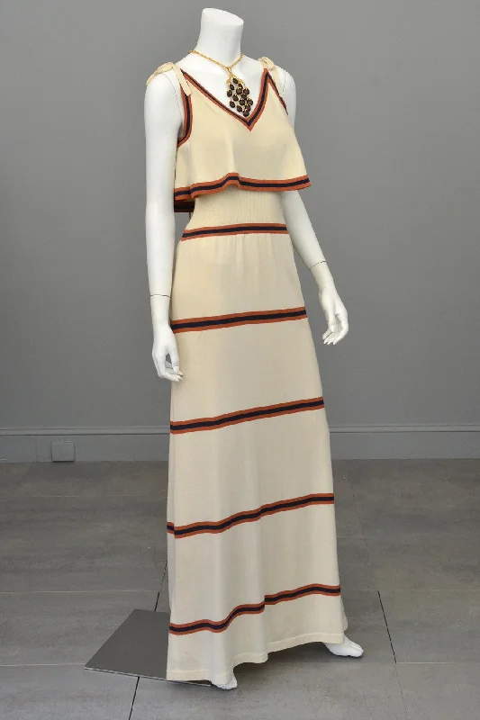 1970s Knit Maxi Dress with Flounce Top, Navy and Nutmeg Stripes, Italian knit by Crissa Fashionable Button-Down Maxi Dress