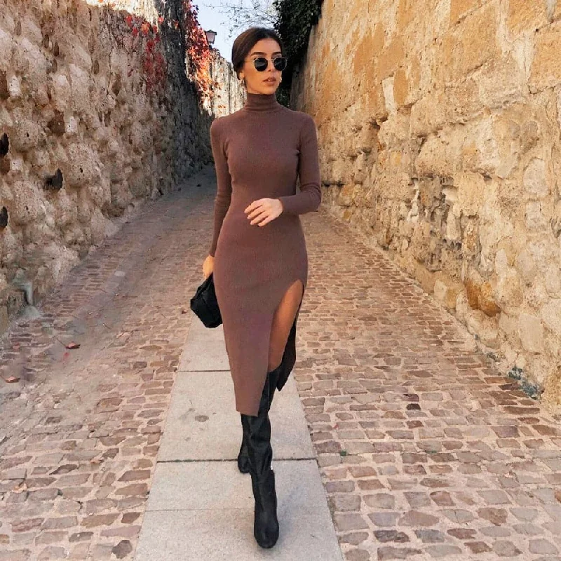 DressBetty - Women Long Sleeves High-Neck Elastic Midi Dress Trendy A-Line Midi Dress