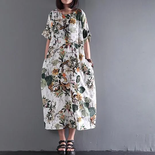 New Summer Maxi Dress Print Linen Dresses Plus Size Sundress Elegant Silk Maxi Dress