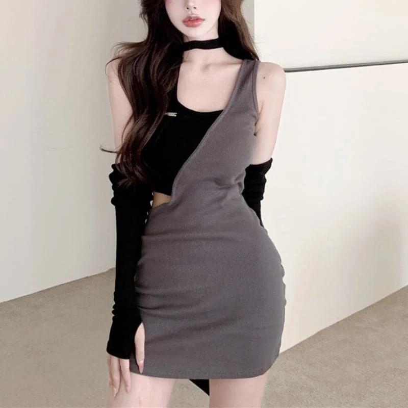 DressBetty - Sexy Halterneck Off-shoulder Long-sleeved Mini Dress Comfortable Fit-and-Flare Mini Dress