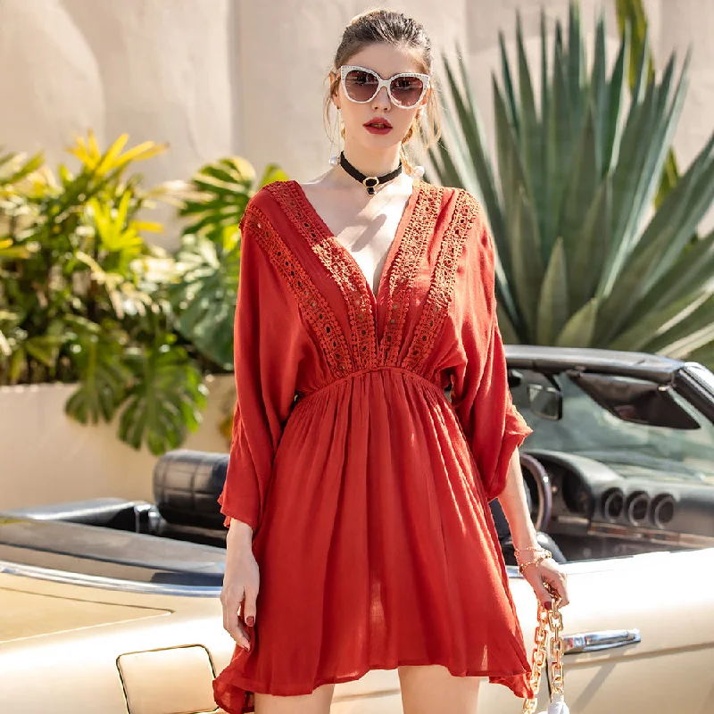 KittenAlarm - Women Deep V-Neck Boho Dress Solid High Waist Midi Dress 3/4 Sleeve Trendy Square Neck Midi Dress