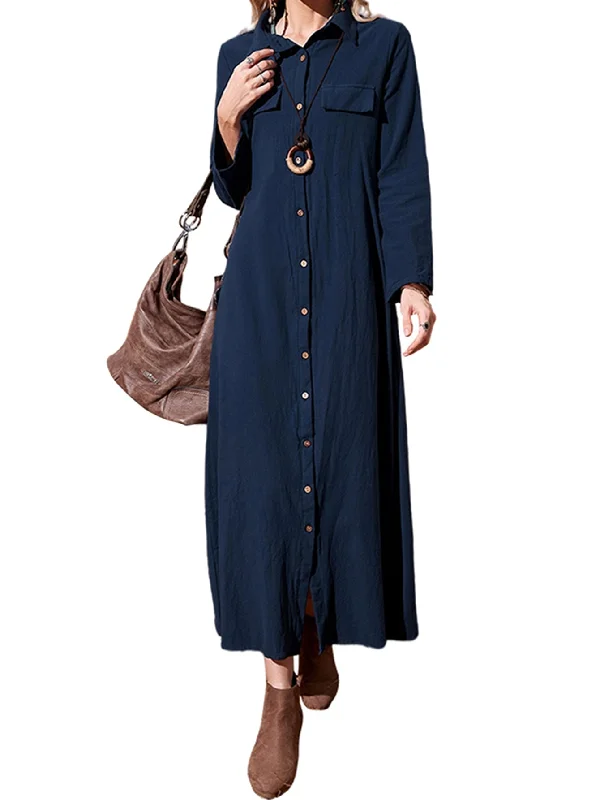 KittenAlarm - Solid Color Single breasted Lapel Neck Midi Dress Stylish Button-Down Midi Dress