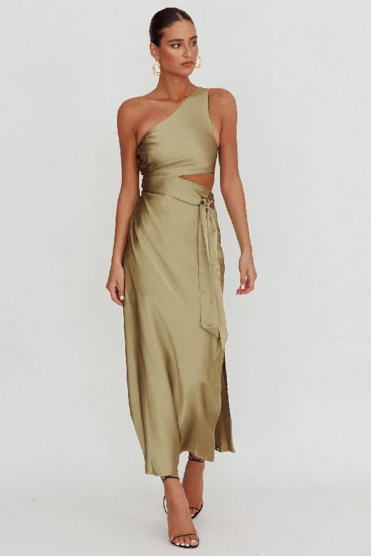 Abloom One Shoulder Satin Maxi Dress Khaki Chic Sleeveless Maxi Dress