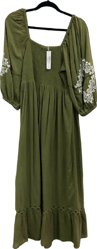 Accessorize Khaki Embroidered Maxi Dress UK 16-18 Fashionable Chiffon Tiered Maxi Dress