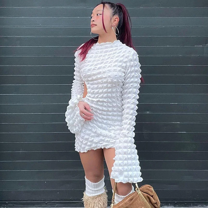 BerryBetty - Adorable Popcorn Texture Cut Out Long Sleeve Bodycon Mini Dress - White Trendy Mesh Mini Dress