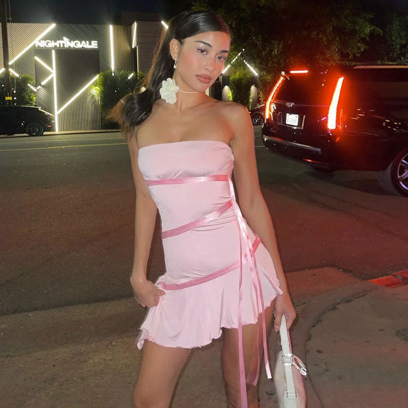 BerryBetty - Adorable Solid Color Ribbon trim Ruffle Hem Strapless Mini Dress - Pink Chic Puff Sleeve Mini Dress