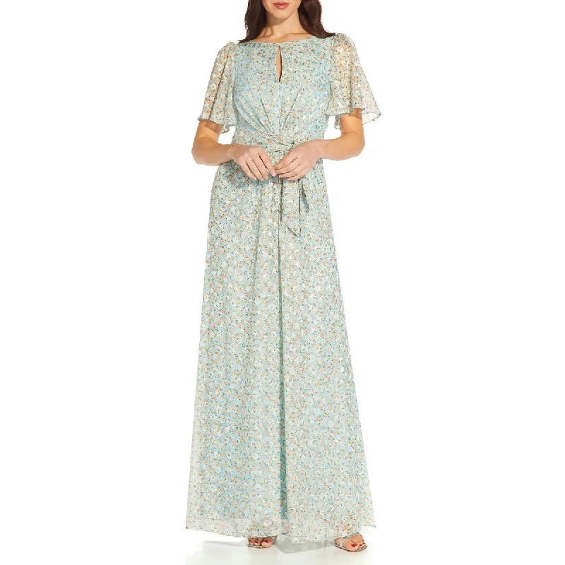 Adrianna Papell Womens Chiffon Floral Print Maxi Dress Cozy Ruffle Sleeve Maxi Dress