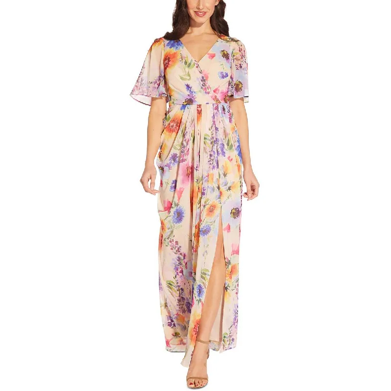 Adrianna Papell Womens Floral Flutter Sleeve Maxi Dress Trendy V-Neck Maxi Dress