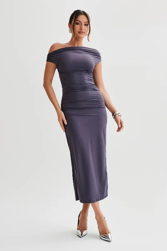 Alayna Recycled Nylon Midi Dress - Charcoal Trendy A-Line Midi Dress