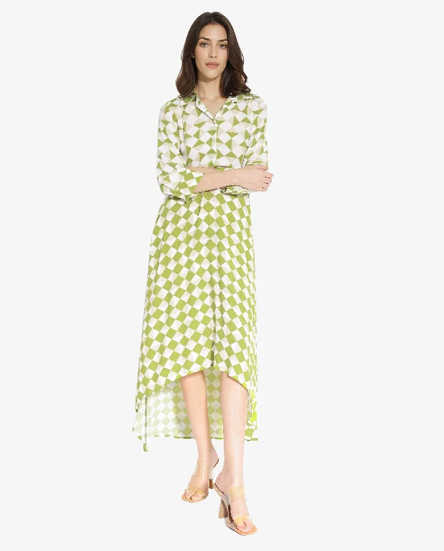 Rareism Women Alice Light Green Cuffed Sleeve Collared Button Flared Geometric Print Maxi Dress Elegant Sleeveless Maxi Dress