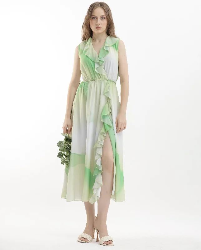 Rareism Women Alicia Green Georgette Fabric Tie-Up Closure Ruffled Neck Sleeveless Regular Fit Abstract Print Maxi Dress Trendy Short Sleeve Maxi Dress