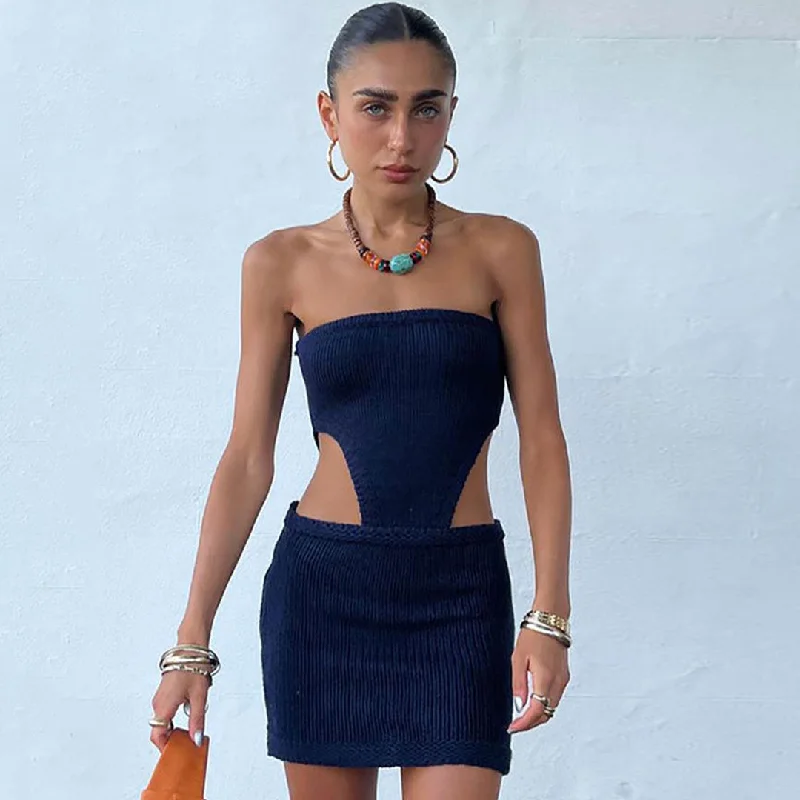 BerryBetty - Alluring Rib Knit Cut Out Bodycon Strapless Mini Dress - Navy Blue Fashionable Summer Mini Dress BerryBetty - Alluring Rib Knit Cut Out Bodycon Strapless Mini Dress - Navy Blue Fashionable Summer Mini Dress