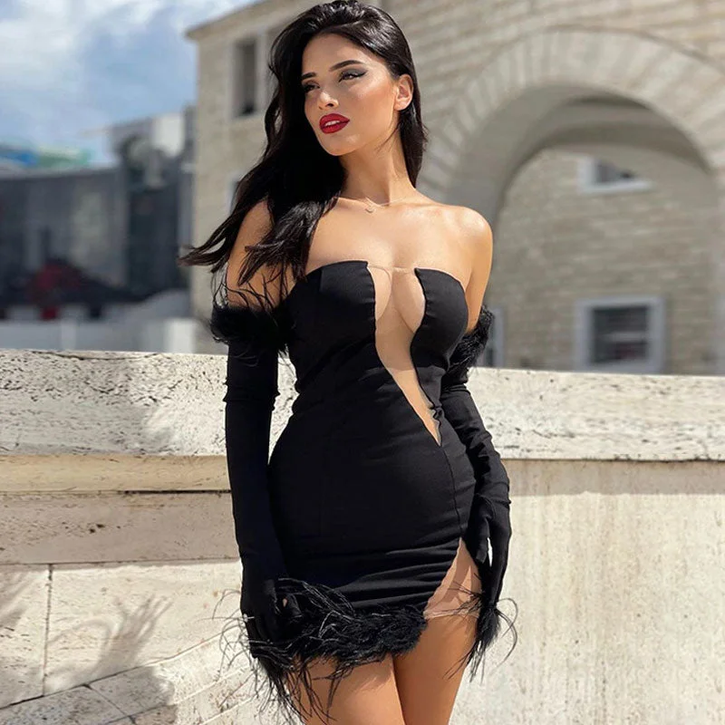 BerryBetty - Alluring Sheer Mesh Trim Glove Bandeau Party Mini Dress - Black Trendy Camisole Mini Dress BerryBetty - Alluring Sheer Mesh Trim Glove Bandeau Party Mini Dress - Black Trendy Camisole Mini Dress