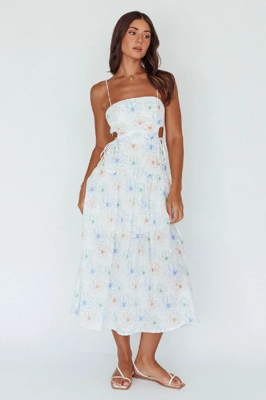 Aloha Cut-Out Waist Midi Dress Floral Blue Elegant Satin Midi Dress