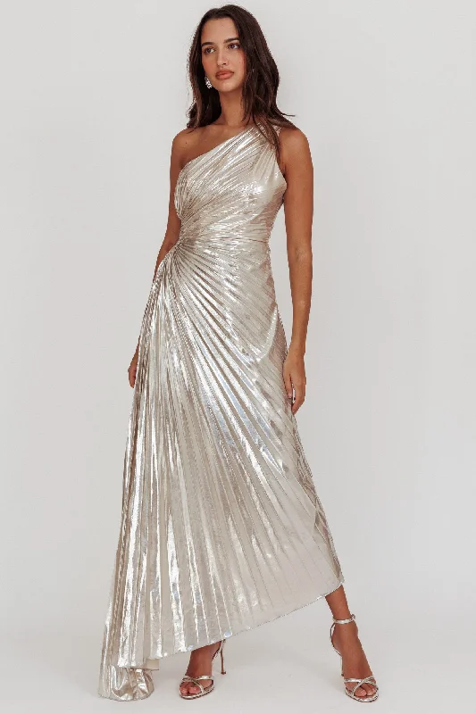 Amelie One-Shoulder Accordion Pleat Maxi Dress Champagne Elegant Maxi Dress with Drapes
