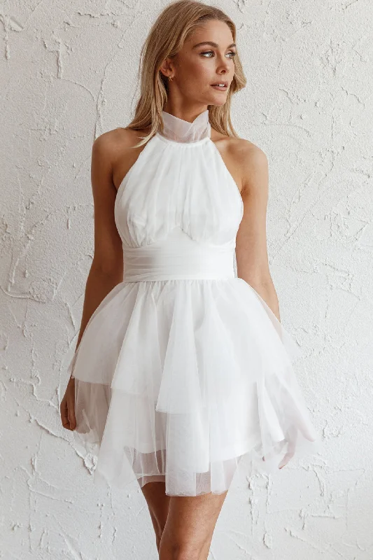 Andria Halterneck Tulle Mini Dress White Elegant Mini Dress with Ruffles