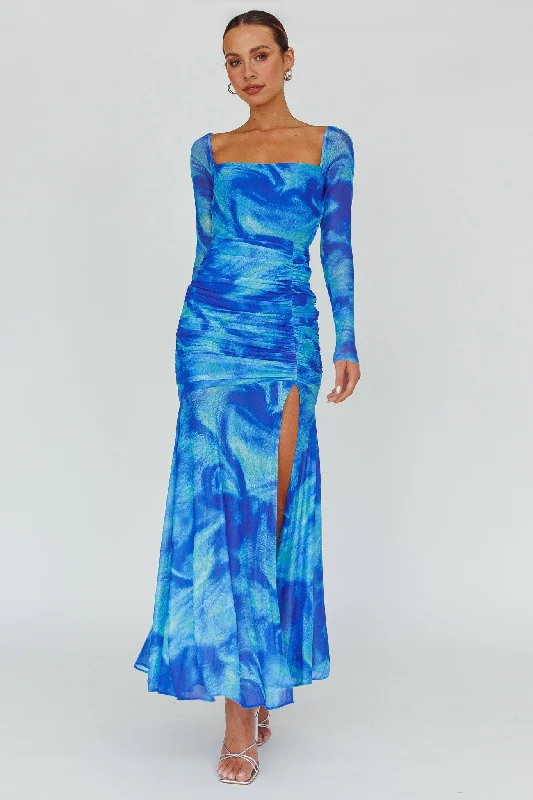 Apryl Long Sleeve Lace-Up Back Maxi Dress Blue Elegant Pleated Maxi Dress