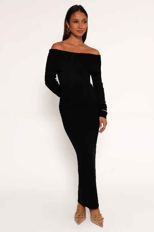 Archie Off The Shoulder Midi Dress - Black Trendy Boho Midi Dress