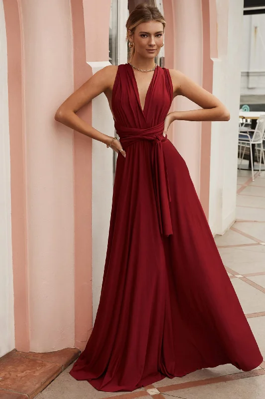Ariana Multiway Maxi Dress Maroon Elegant Maxi Dress with Ruffles