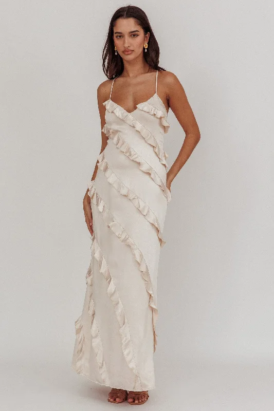 Arrabel Ruffle Trim Maxi Dress Champagne Cozy Longline Maxi Dress