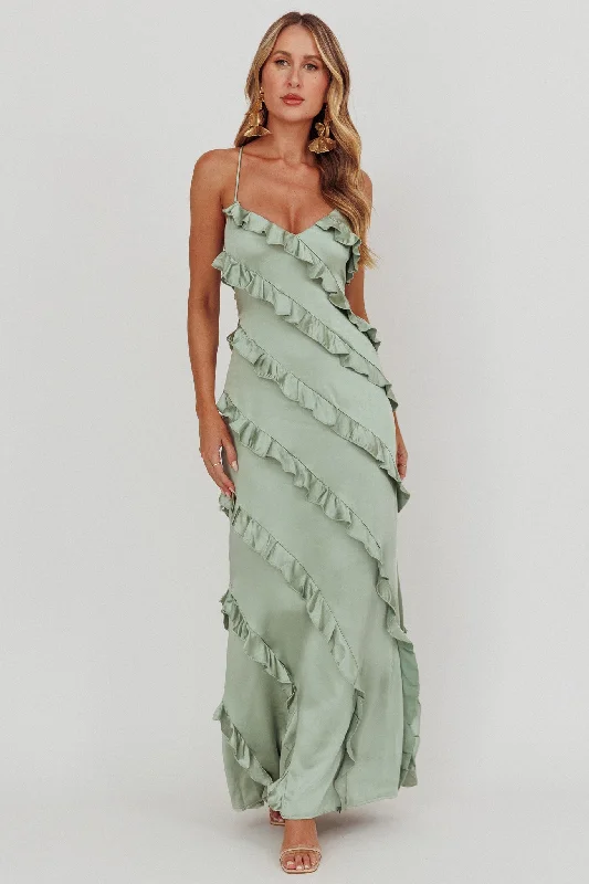 Arrabel Ruffle Trim Maxi Dress Sage Cozy Open-Back Maxi Dress