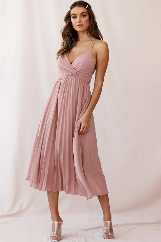 Artemis Accordion Pleat Strappy Back Midi Dress Blush Stylish Cold Shoulder Midi Dress