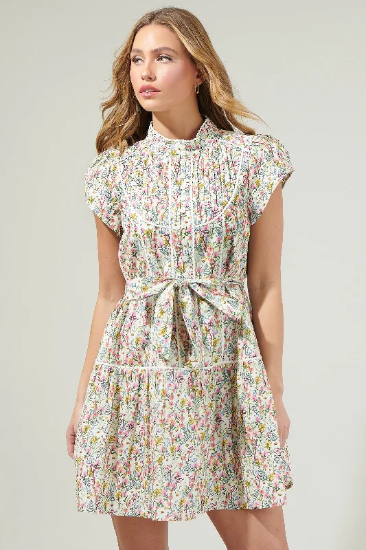 Arvine Floral Pleated Mini Dress Classic White Mini Dress