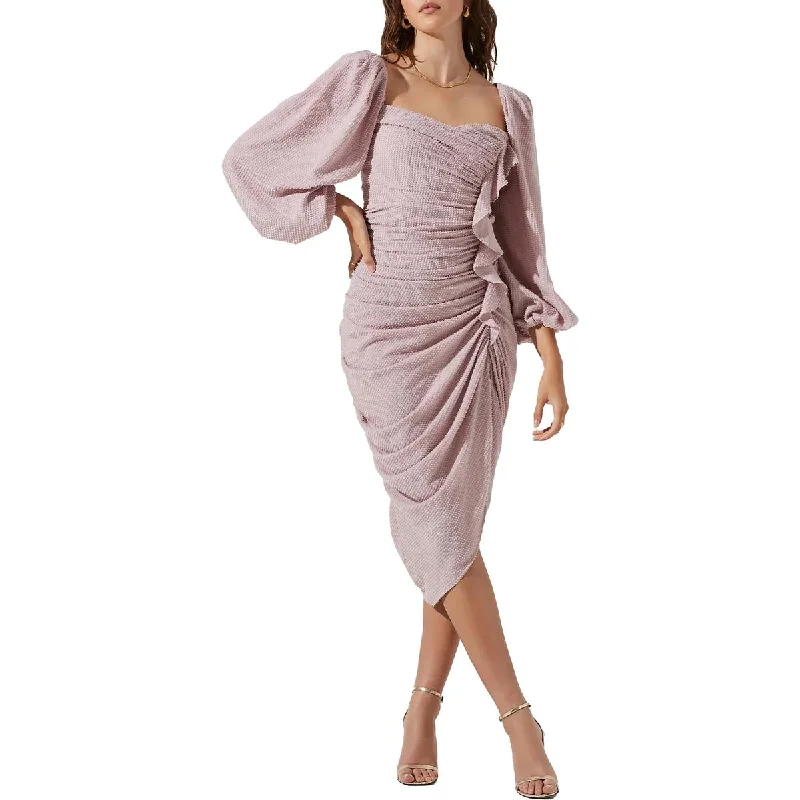 ASTR The Label Athens Women's Ruched Ruffled Blouson Sleeve Midi Dress Cozy A-Line Midi Dress