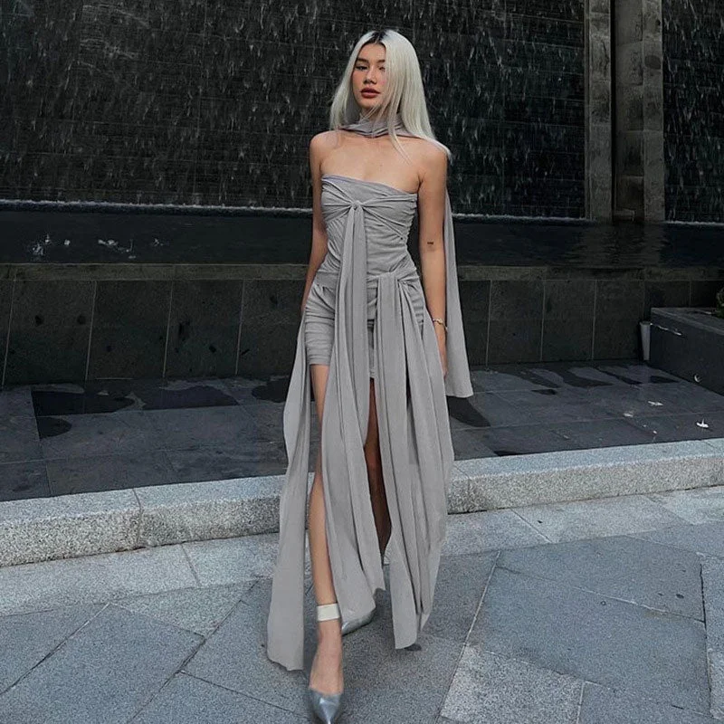 BerryBetty - Ruched Mesh Tie Front Strapless Bodycon Mini Dress - Gray Fashionable Lace-Trim Mini Dress BerryBetty - Ruched Mesh Tie Front Strapless Bodycon Mini Dress - Gray Fashionable Lace-Trim Mini Dress