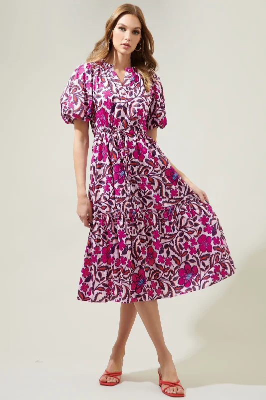 Aubrey Floral Ginny Bubble Sleeve Midi Dress Stylish Button-Down Midi Dress