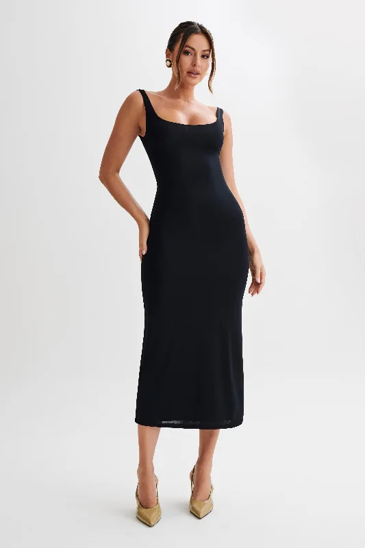 Augustine Slinky Scoop Midi Dress - Black Elegant Lace Trim Midi Dress