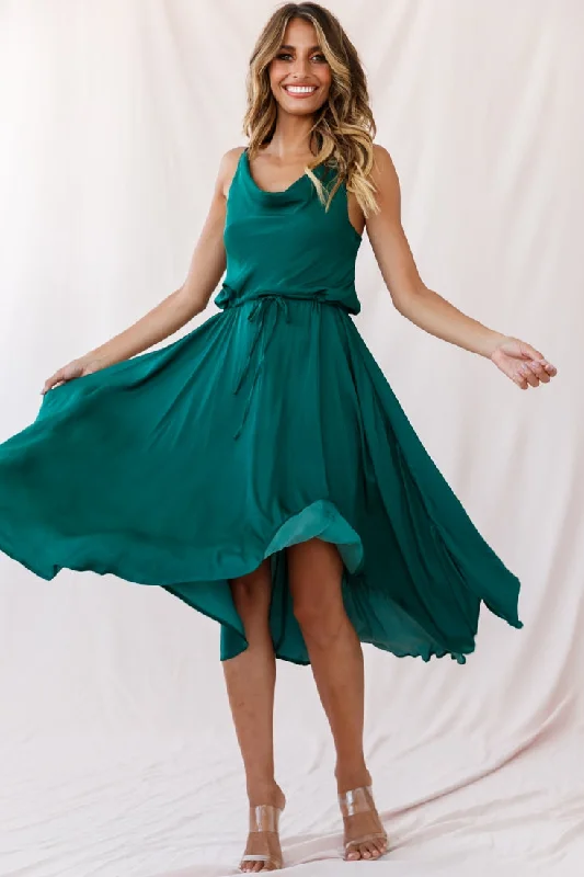 Ava Cowl Neck Drawstring Midi Dress Forest Green Elegant Satin Button Midi Dress