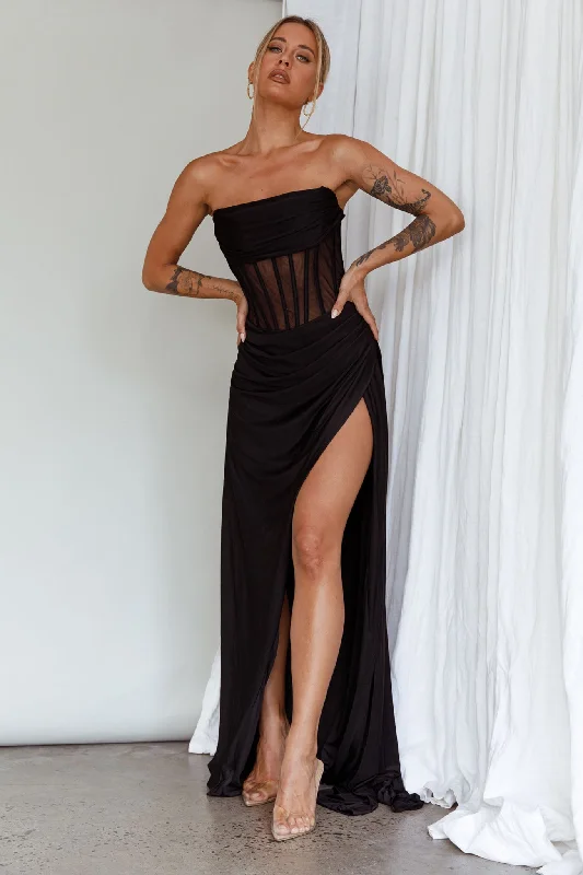 Aysha Strapless Split Maxi Dress Black Fashionable Asymmetrical Maxi Dress