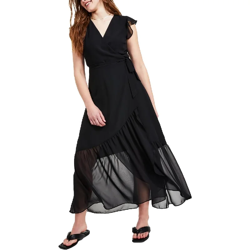 Bar III Womens Petites Wrap Ruffle Sleeves Maxi Dress Comfortable Fitted Maxi Dress