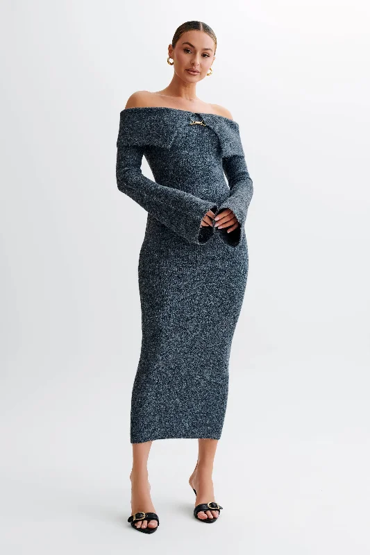 Baxter Off Shoulder Fluffy Knit Midi Dress - Charcoal Elegant Satin Button Midi Dress