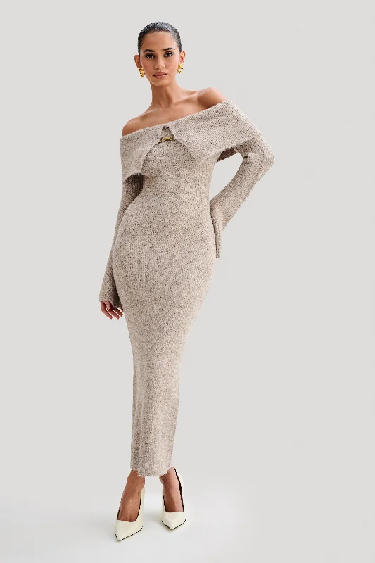 Baxter Off Shoulder Fluffy Knit Midi Dress - Taupe Marle Comfortable Adjustable Strap Midi Dress