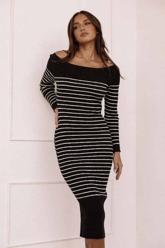 Baxtor Off The Shoulder Midi Dress - White/Black Stylish Satin Midi Dress