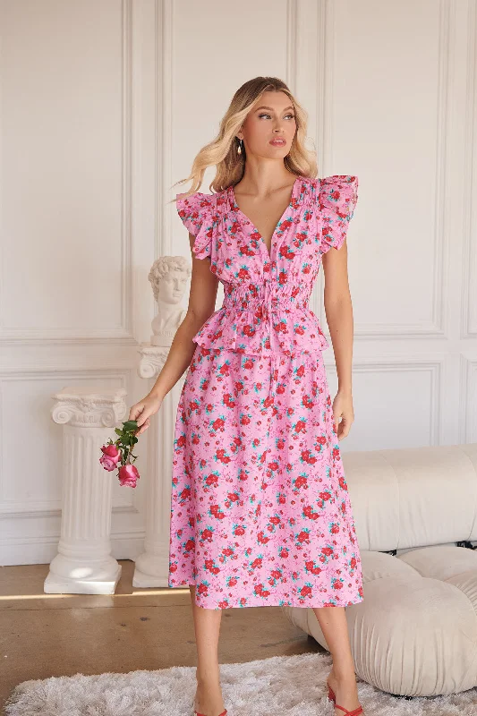 Berryglow Floral Smocked Midi Dress Comfortable Deep V Midi Dress