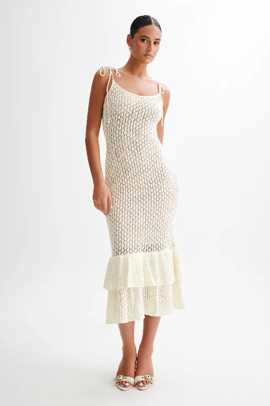 Bianca Knit Midi Dress - Ivory Stylish Midi Dress with Cuffs