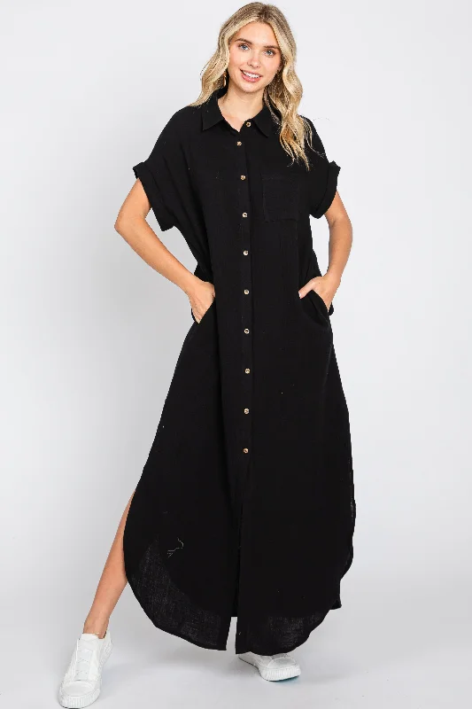 Black Button Down Midi Dress Trendy Smocked Waist Midi Dress