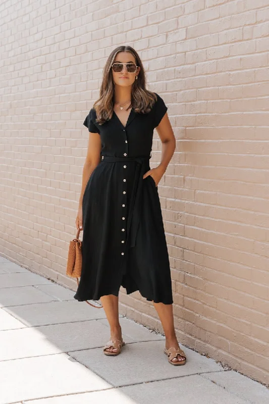 Black Button Down Tie Midi Dress Stylish Striped Midi Dress