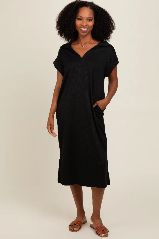 Black Collared Side Slit Midi Dress Comfortable Button Front Midi Dress