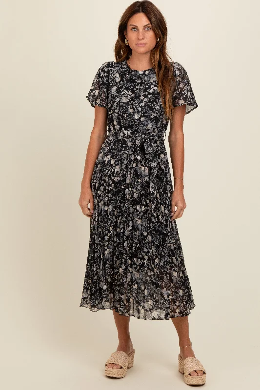 Black Floral Pleated Midi Dress Fashionable High-Low Midi Dress