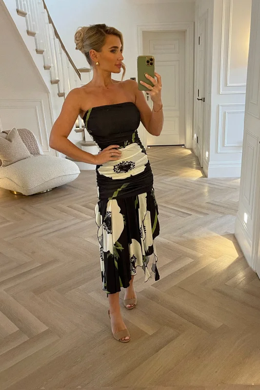 BLACK FLORAL RUCHED STRAPLESS MIDI DRESS Stylish Midi Dress with Cuffs
