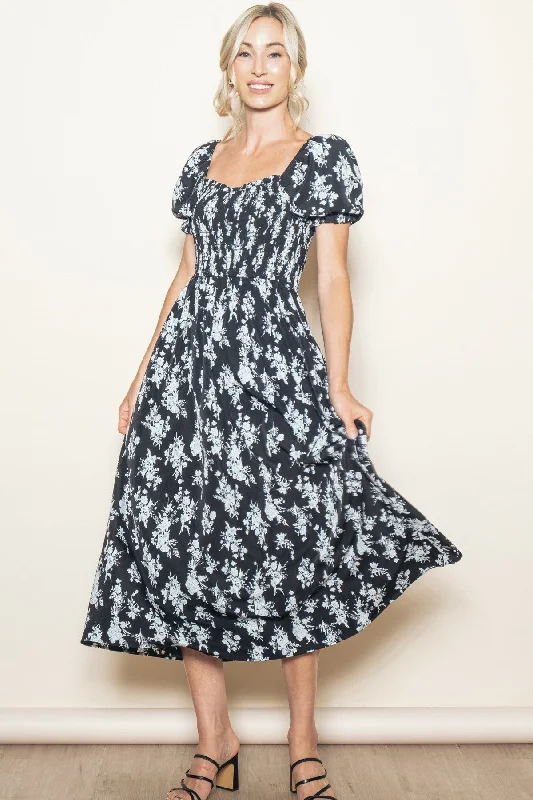 Black Floral Smocked Sweetheart Neckline Midi Dress Fashionable Sheer Sleeve Midi Dress