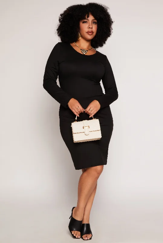 Plus Size Basic Long Sleeve Midi Dress Trendy Off-Shoulder Button Midi Dress