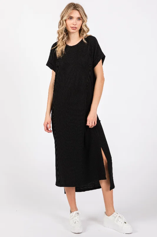 Black Ribbed Short Sleeve Midi Dress Trendy Floral Wrap Midi Dress