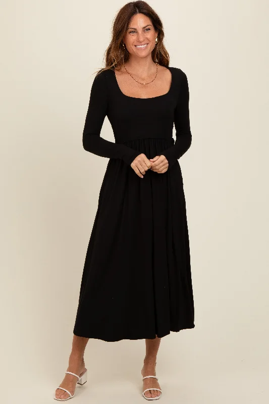 Black Square Neck Long Sleeve Midi Dress Trendy Tiered Hem Midi Dress