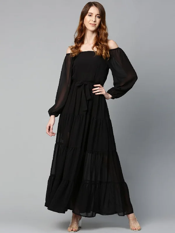 Black Square Neck Tiered Maxi Dress Fashionable Printed Maxi Dress